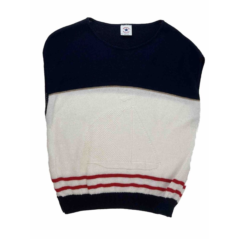 Vintage Sweater Bazaar SZ L Sweater Vest Sailboat Knit Top Red White & Blue